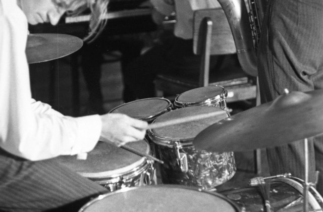 The opening concert at the Jazz Club: Zbignevas Žilionis (dr), Jonas Sadauskas (ts), Liudas Šaltenis (p), 1963 