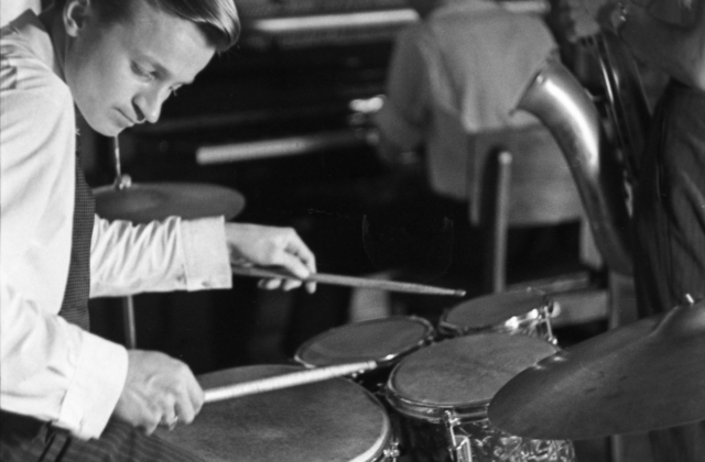 The opening concert at the Jazz Club: Zbignevas Žilionis (dr), Jonas Sadauskas (ts), Liudas Šaltenis (p), 1963 