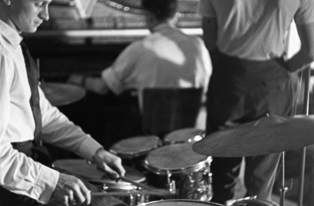 The opening concert at the Jazz Club: Zbignevas Žilionis (dr), Jonas Sadauskas (ts), Liudas Šaltenis (p), 1963 