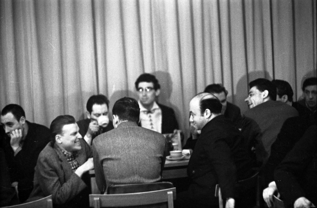 At a Jazz Club concert: the composer Vygandas Telksnys (left), and the composer Benjaminas Gorbulskis (right), 1963–1964