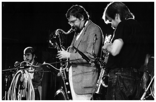 Itaru Oki (tp), M. Pilz (bcl) and Petras Vyšniauskas (ss), 1989.  Photograph by Raimondas Urbakavičius