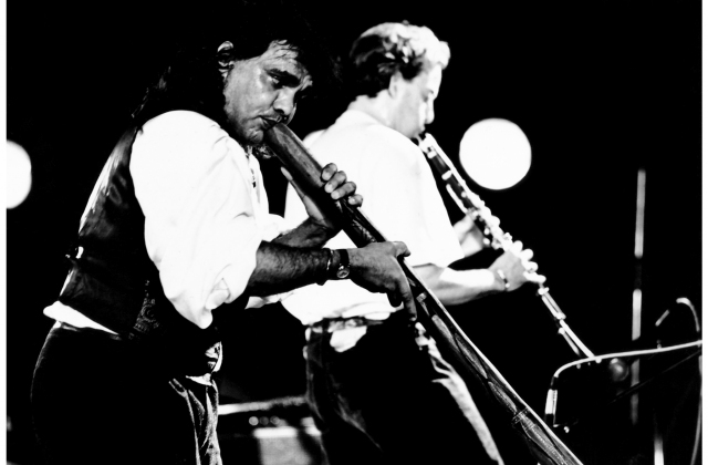 Tom Lewis (didgeridoo) and Christopher Young (cl), 1990.  Photograph by Saulius Marcinkevičius 