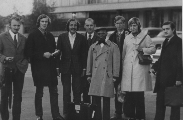 After Duke Ellington's concert in Minsk, 1971. Left: Rimantas Vaicekauskas, Rimantas Brazaitis, Jonas Snieška. Right: Romualdas Grabštas. Personal collection of Jonas Snieška